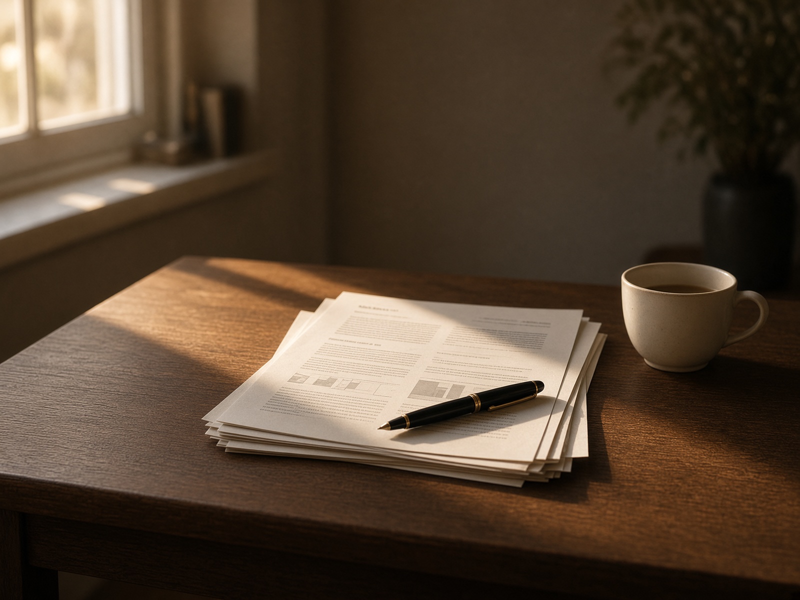 A research desk with printed reports, a pen, and afternoon light