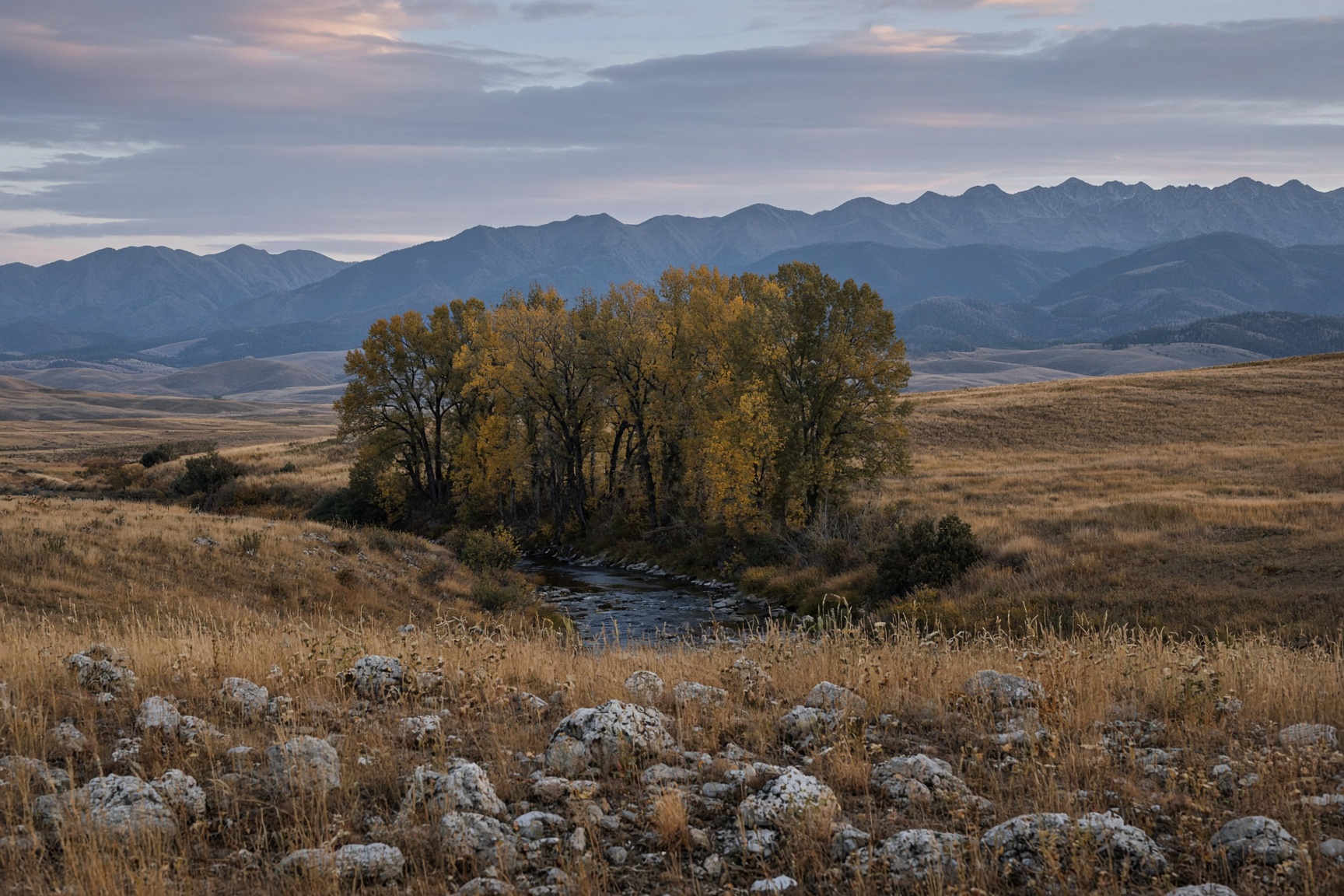Montana valley at dusk, cottonwoods along a creek